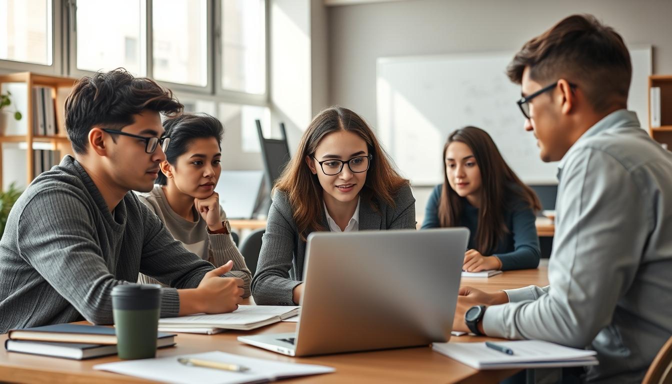Students studying together in modern classroom